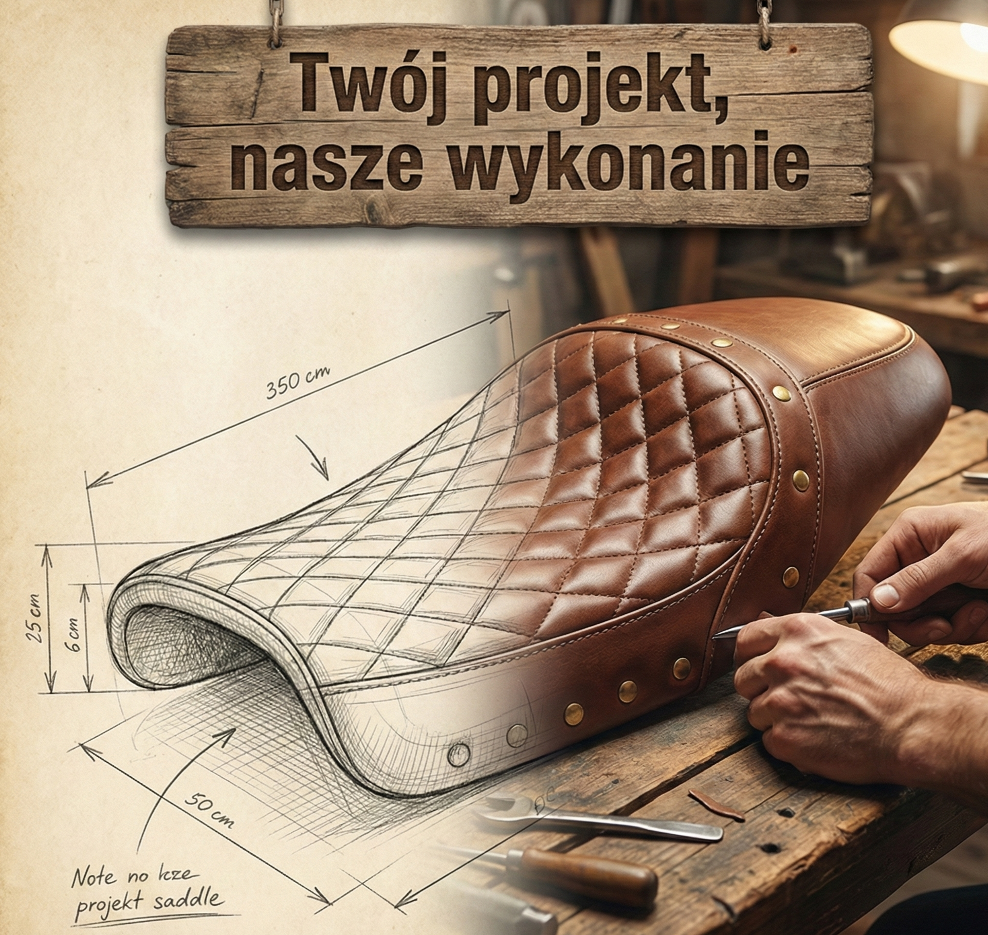 Wizualizacja przedstawiająca proces tworzenia siedzenia motocyklowego: lewa strona to techniczny szkic ołówkiem na papierze, który płynnie przechodzi w gotową, luksusową kanapę z brązowej skóry z diamentowymi przeszyciami. W tle widoczny warsztat tapicerski oraz napis „Twój projekt, nasze wykonanie”.